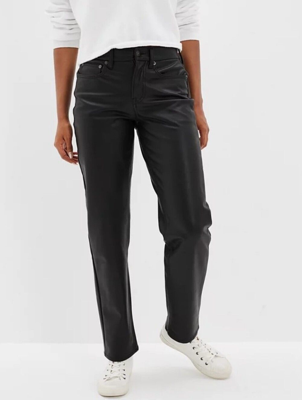 American Eagle Women Black Onyx Stretch '90s Straight Vegan Leather Pant Size 2R
